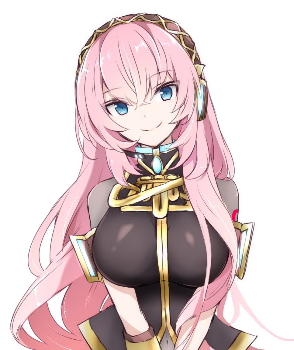 1girl amulet armband black_skirt blue_eyes breasts commentary gold_trim headphones kkr_rkgk large_breasts long_hair looking_at_viewer megurine_luka navel pink_hair see-through_sleeves short_sleeves skirt smile solo standing upper_body very_long_hair vocaloid white_background