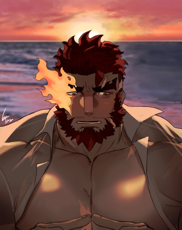 1boy abs bara beard blush chest close-up facial_hair flaming_eye gomtang hephaestus_(tokyo_houkago_summoners) looking_at_viewer male_focus manly muscle nyoro~n pectorals pov red_eyes scar solo thick_eyebrows tokyo_houkago_summoners upper_body