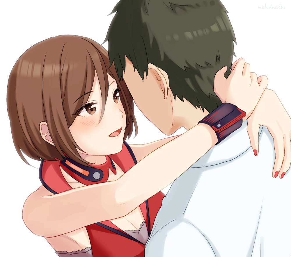 1boy 1girl arms_around_neck bra brown_eyes brown_hair collar commentary faceless faceless_male hug looking_at_another master_(vocaloid) meiko meiko_(vocaloid3) nail_polish nokuhashi red_nails red_shirt shirt short_hair underwear upper_body vocaloid white_background wrist_cuffs