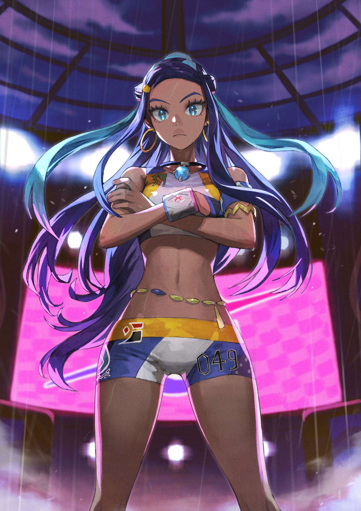 1girl armlet belly_chain blue_eyeshadow crossed_arms dark_skin earrings eyeliner eyeshadow gloves gym_leader hair_bun highres hoop_earrings jewelry jun_(seojh1029) makeup multicolored_hair pokemon pokemon_(game) pokemon_swsh rurina_(pokemon) shirt shorts single_glove sleeveless sleeveless_shirt swimsuit tank_top tankini two-tone_hair