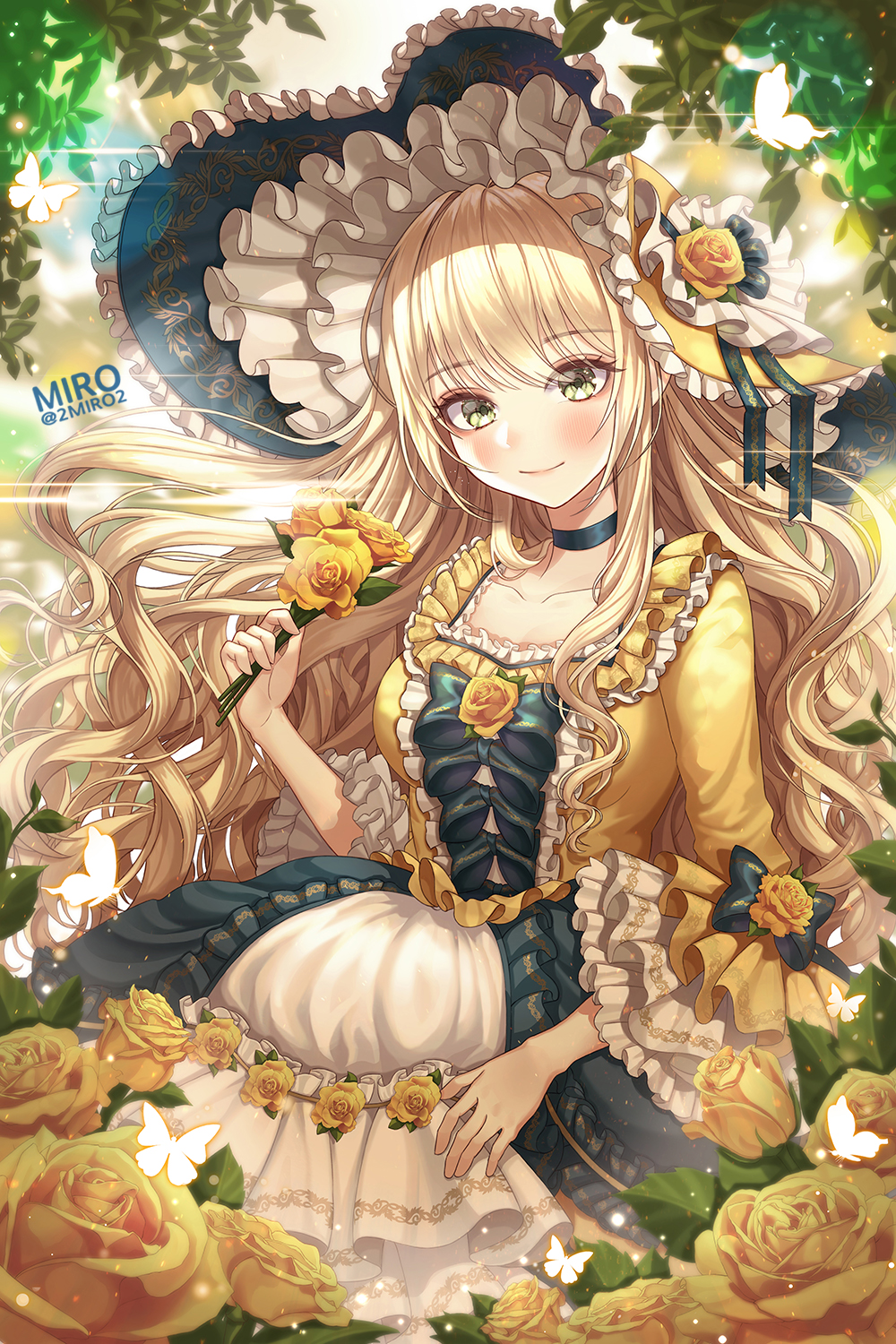 1girl artist_name bangs black_bow black_choker blonde_hair blush bow bug butterfly center_frills choker collarbone commentary dress flower frilled_dress frilled_hat frilled_sleeves frills hat hat_flower hat_ribbon highres holding holding_flower insect lolita_fashion long_hair looking_at_viewer miro_(2miro2) original ribbon rose smile solo symbol_commentary twitter_username wavy_hair yellow_eyes yellow_flower yellow_rose