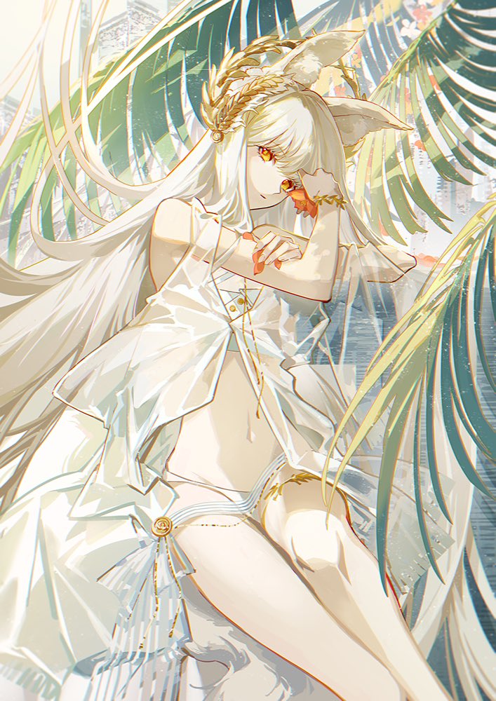 1girl alternate_costume animal_ear_fluff animal_ears arknights bangs bikini breasts eyebrows_visible_through_hair holding holding_hair holding_leg horse_ears horse_tail laurel_crown long_hair looking_at_viewer navel orange_eyes platinum_(arknights) sash satsuya see-through sidelocks sitting solo stomach swimsuit tail thighlet thighs very_long_hair white_bikini white_hair