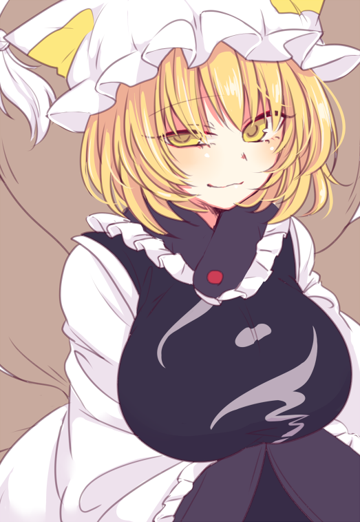 1girl bianco_(mapolo) blonde_hair breasts closed_mouth dress fox_tail frilled_hat frilled_shirt_collar frilled_sleeves frills hat large_breasts long_sleeves looking_at_viewer multiple_tails pillow_hat short_hair solo tabard tail touhou upper_body white_dress white_frills white_headwear wide_sleeves yakumo_ran yellow_eyes