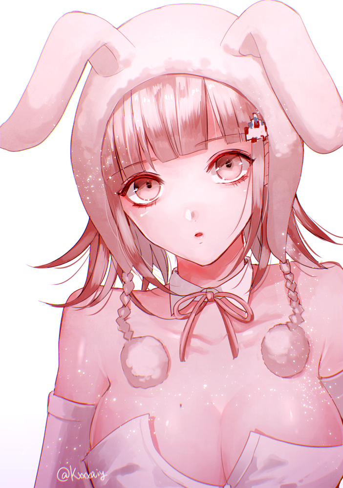 1girl animal_ears animal_hat breasts bunny_hat collarbone commentary_request dangan_ronpa detached_collar detached_sleeves eyebrows_visible_through_hair face flipped_hair hair_ornament hairclip hat large_breasts light_brown_hair looking_at_viewer mole mole_on_breast nanami_chiaki parted_lips pink_eyes pink_neckwear pink_ribbon rabbit_ears ribbon sakuyu short_hair solo super_dangan_ronpa_2 twitter_username white_sleeves