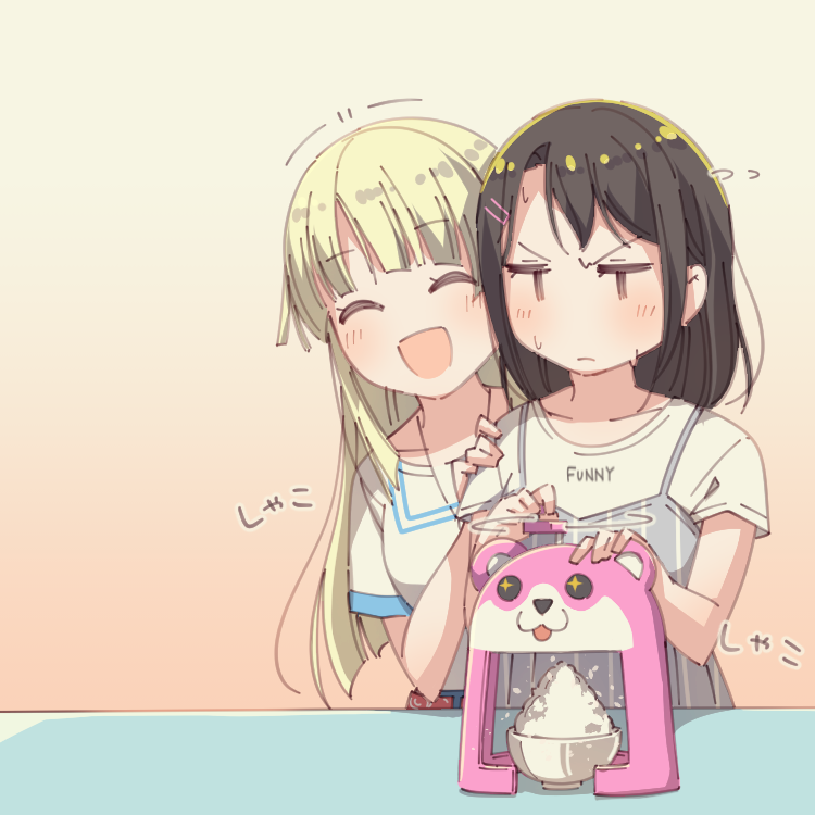 &gt;:( +++ 2girls :3 :d ^_^ ayasaka bang_dream! bangs black_hair blonde_hair blush bowl closed_eyes clothes_writing commentary_request flying_sweatdrops hair_ornament hairclip hand_on_another's_shoulder hot ice_shaver jewelry layered_clothing long_hair michelle_(bang_dream!) multiple_girls necklace okusawa_misaki open_mouth shaved_ice shirt short_sleeves smile sweat tan_background tsurumaki_kokoro upper_body v-shaped_eyebrows