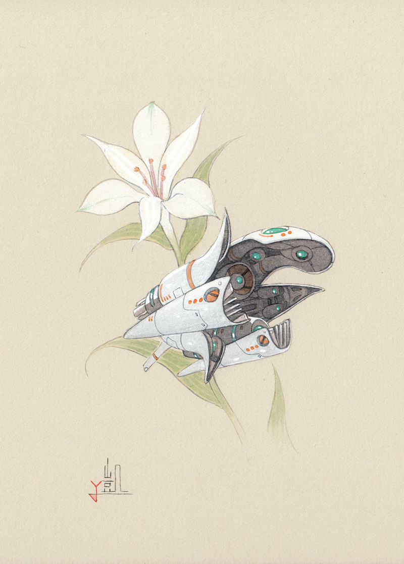 calligraphy_brush_(medium) flower gaimoon leaf mecha mechanization no_humans original signature simple_background tan_background traditional_media watercolor_(medium) white_flower