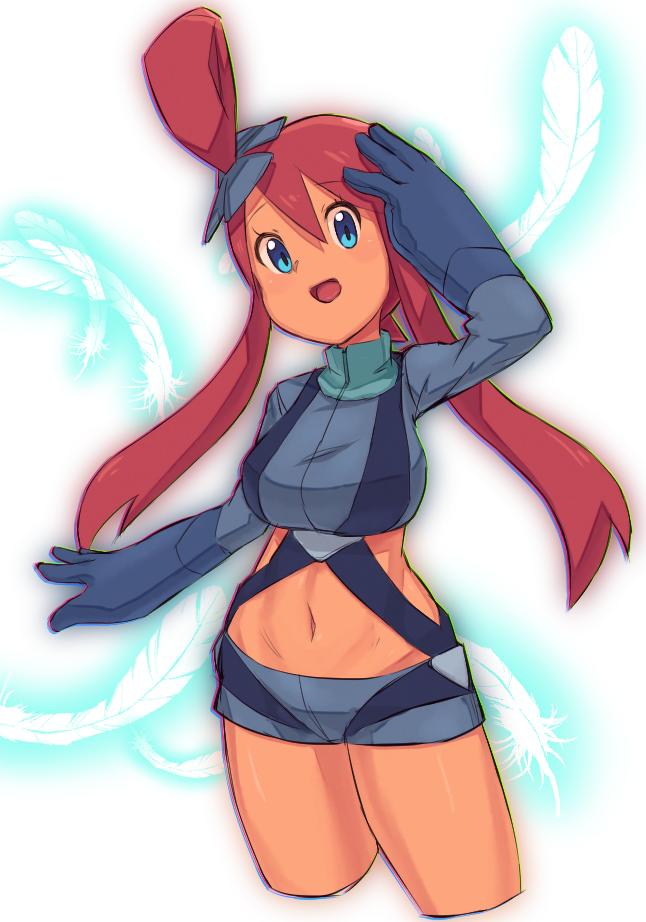1girl :d bangs blue_eyes blue_gloves blue_shorts breasts crop_top eyebrows_visible_through_hair fuuro_(pokemon) gloves gym_leader hair_between_eyes long_hair looking_at_viewer medium_breasts midriff navel nyonn24 one_side_up open_mouth pokemon pokemon_(game) pokemon_bw redhead short_hair_with_long_locks short_shorts shorts sidelocks smile solo white_background white_feathers