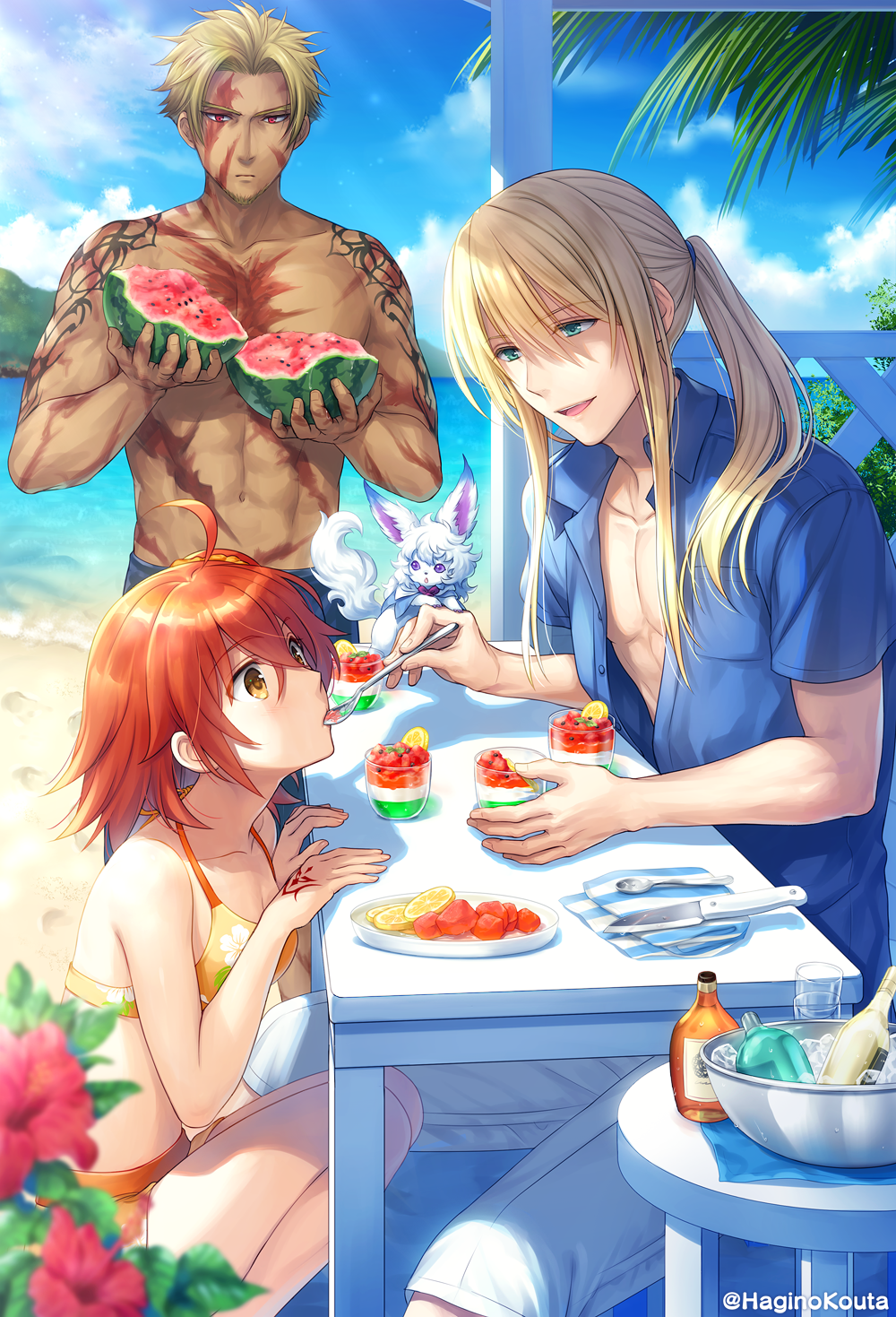 1girl 2boys abs alternate_costume bangs beowulf_(fate/grand_order) blonde_hair blush breasts chest creature eyebrows_visible_through_hair fate/grand_order fate_(series) fionn_mac_cumhaill_(fate/grand_order) food fou_(fate/grand_order) fruit fujimaru_ritsuka_(female) green_eyes hagino_kouta hair_between_eyes highres long_hair long_sleeves multiple_boys muscle open_mouth pectorals shirtless watermelon