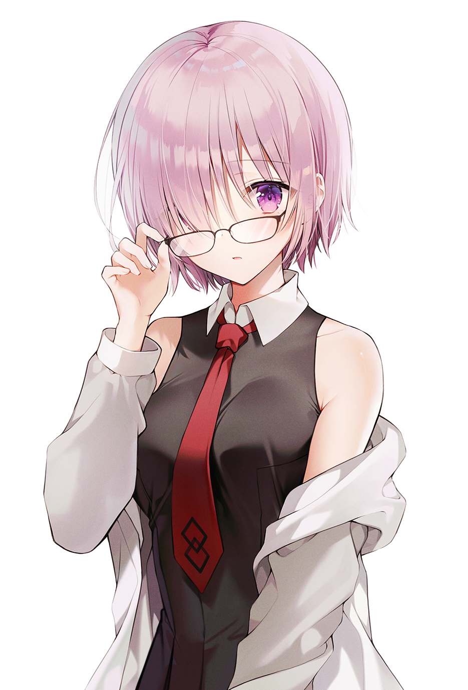 1girl bare_shoulders black-framed_eyewear black_dress breasts dress fate/grand_order fate_(series) glasses grey_jacket hair_over_one_eye hand_on_eyewear hand_up highres jacket lavender_hair long_sleeves mash_kyrielight medium_breasts necktie off_shoulder open_clothes open_jacket parted_lips short_hair simple_background sleeveless sleeveless_dress solo upper_body violet_eyes weri white_background wing_collar