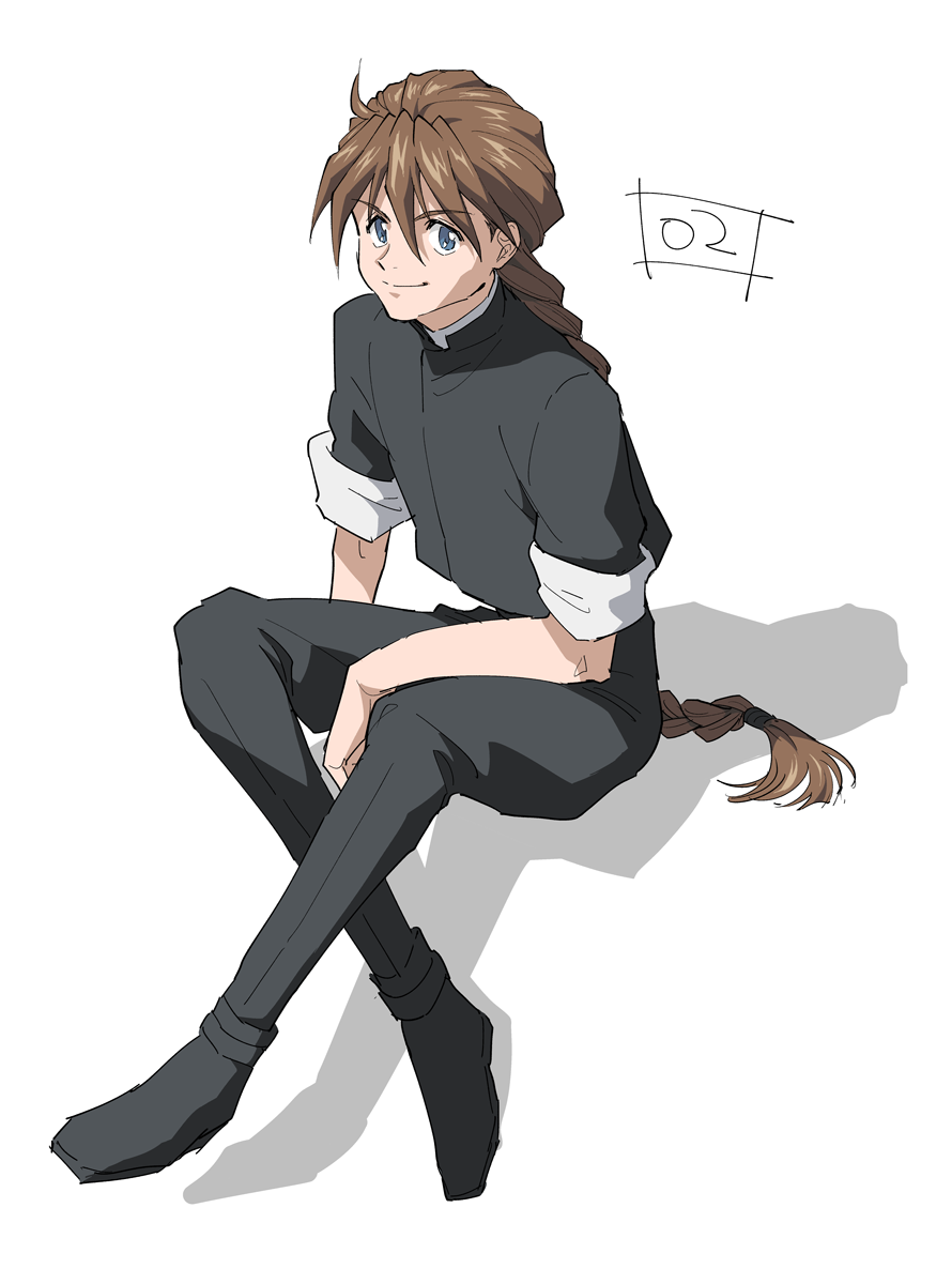 1boy black_footwear black_pants blue_eyes braid brown_hair duo_maxwell full_body gundam gundam_wing hastune highres long_hair looking_at_viewer male_focus pants simple_background single_braid sitting smile white_background