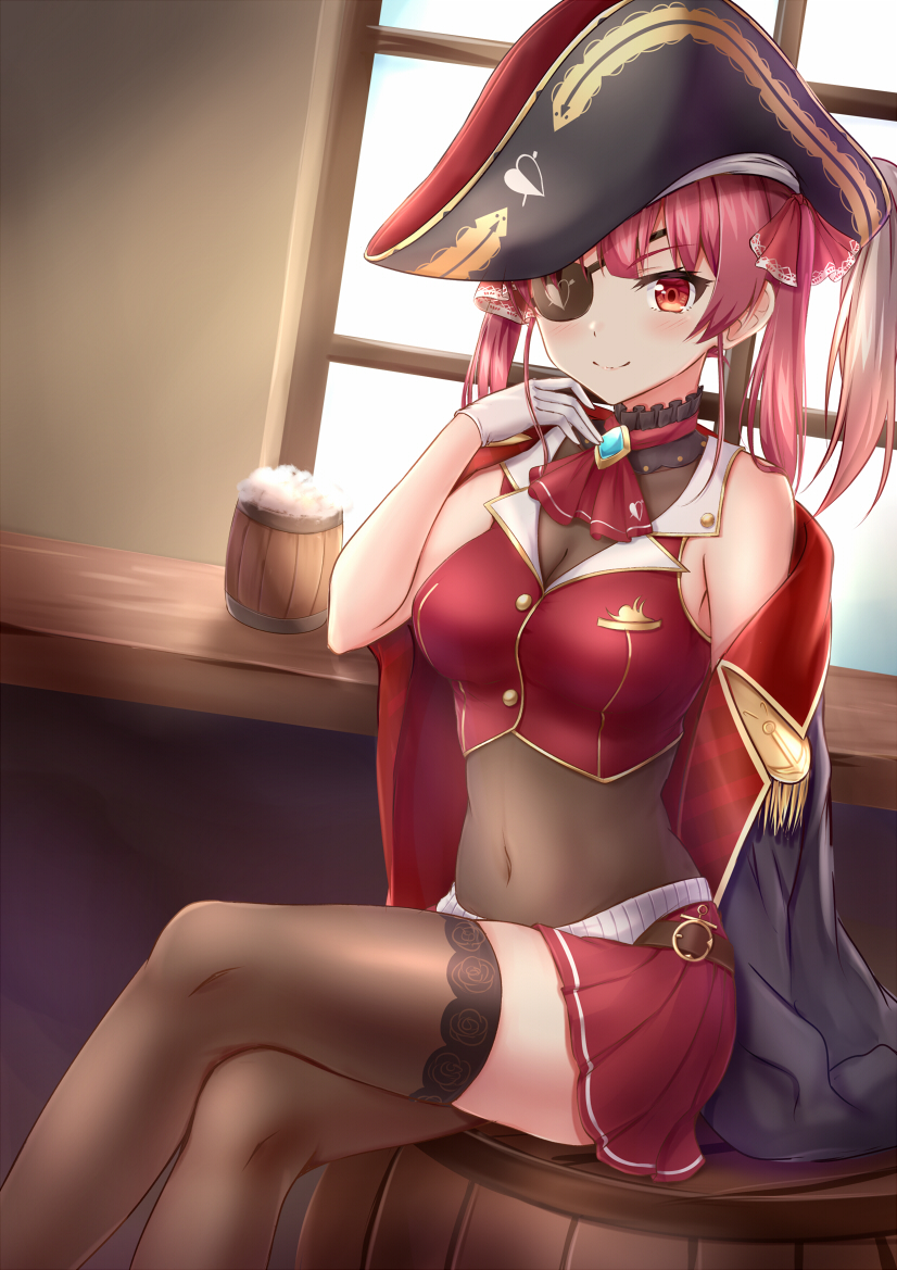 1girl beer_mug black_headwear breasts brown_legwear closed_mouth commentary_request covered_navel crossed_legs cup eyepatch gloves hat hololive houshou_marine looking_at_viewer medium_breasts mug muwa12 pirate_hat red_eyes red_skirt redhead short_hair sitting skirt smile solo thigh-highs virtual_youtuber white_gloves
