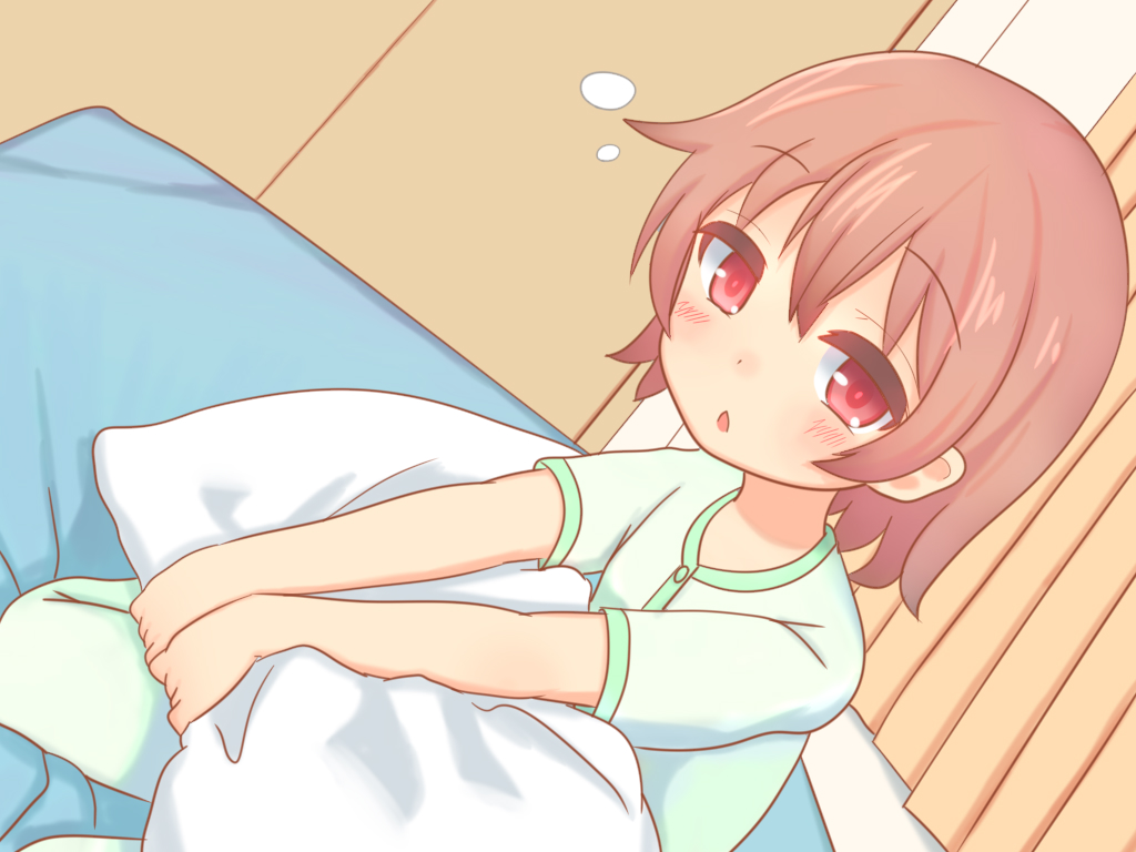 1girl ahoge bangs bed bedroom blush brown_eyes brown_hair dutch_angle eyebrows_visible_through_hair hair_between_eyes holding holding_pillow hoshino_hinata ki_hadachi looking_at_viewer on_bed open_mouth pajamas pillow shirt short_hair short_sleeves sidelocks sitting sitting_on_bed sleepy solo watashi_ni_tenshi_ga_maiorita!