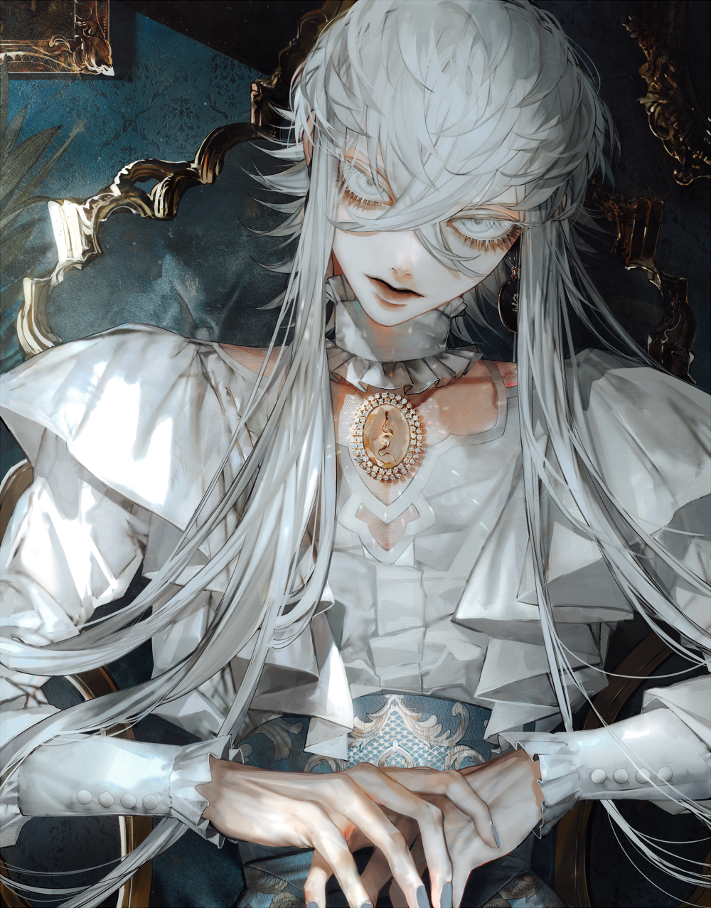 1boy alternate_costume asclepius_(fate/grand_order) au_(d_elite) bangs chair collar eyelashes fate/grand_order fate_(series) fingernails green_eyes hair_between_eyes hands_together highres light long_hair looking_at_viewer male_focus pale_skin sitting solo upper_body white_hair