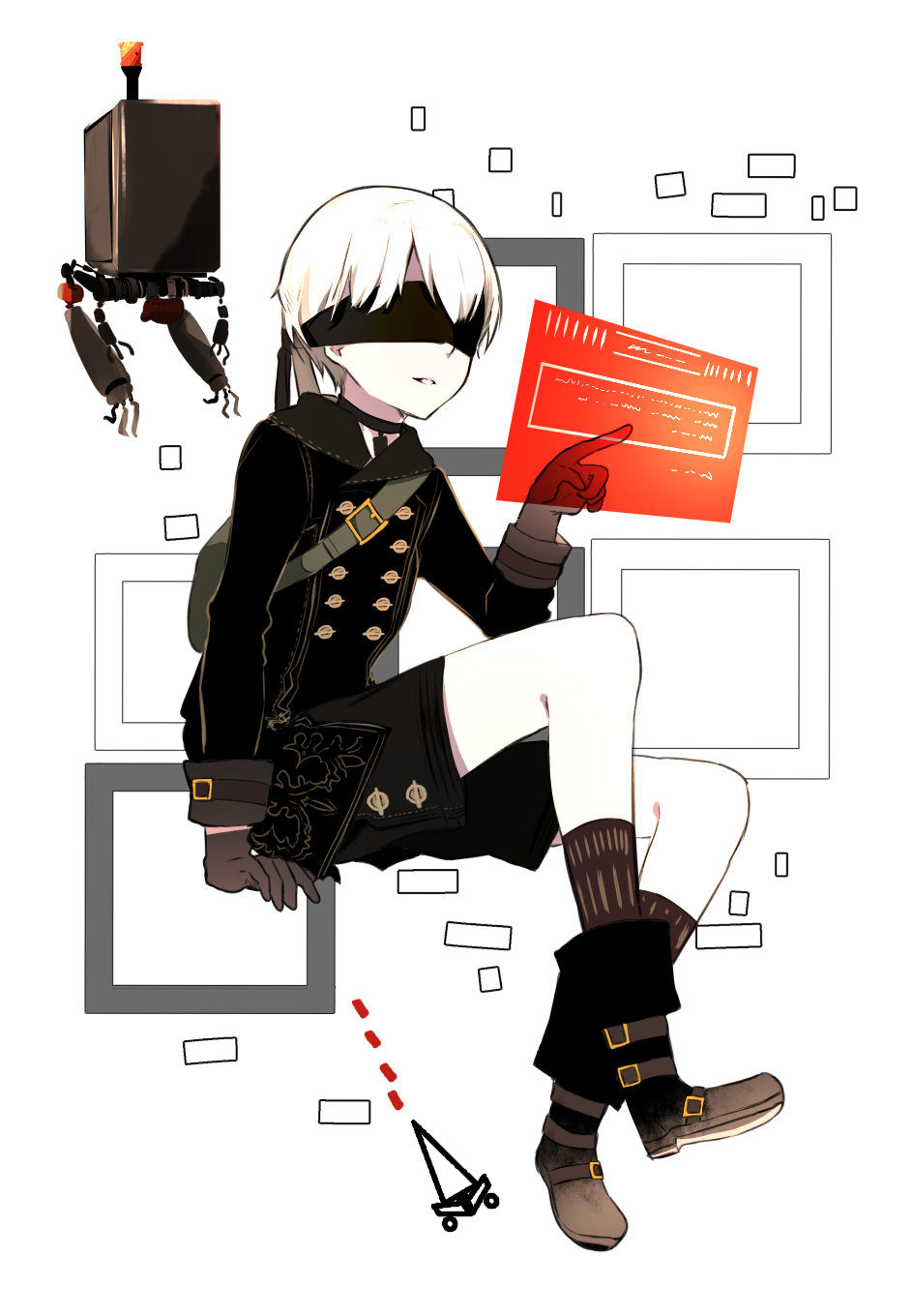 1boy backpack bag black_blindfold black_choker black_footwear black_gloves black_legwear blindfold choker floating gameplay_mechanics gloves green_backpack hacking highres invisible_chair male_focus mik3d nier_(series) nier_automata parted_lips pod_(nier_automata) robot shorts sitting socks white_hair yorha_no._9_type_s