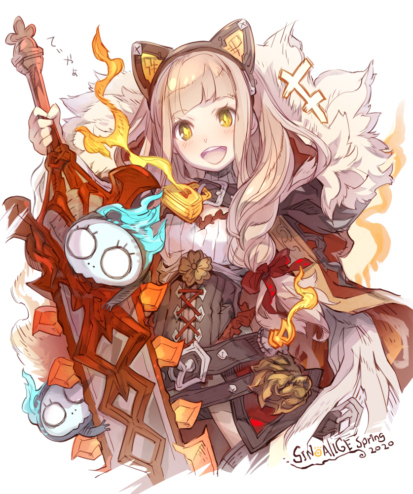 +++ 1girl :d belt blonde_hair breasts cloak commentary_request corset dated eyebrows_visible_through_hair fur_trim haku_(sabosoda) holding holding_sword holding_weapon hood hood_down hooded_cloak huge_weapon little_red_riding_hood_(sinoalice) lock long_hair looking_at_viewer nightmare_(sinoalice) open_mouth orange_eyes padlock sinoalice small_breasts smile solo sword upper_teeth weapon white_background