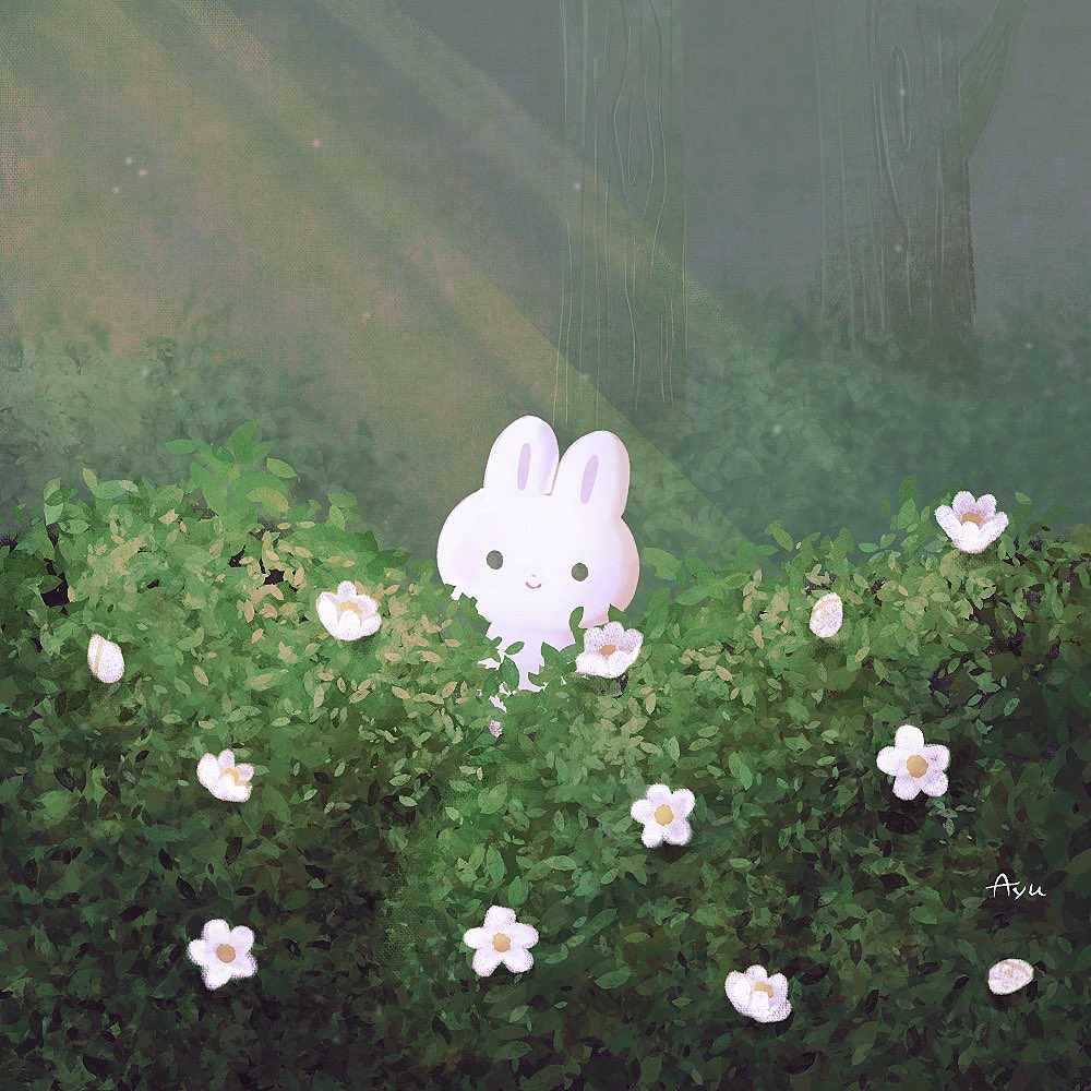 ayu_(mog) bush daisy flower forest light_rays nature no_humans original outdoors rabbit signature smile solo symbol_commentary tree white_flower