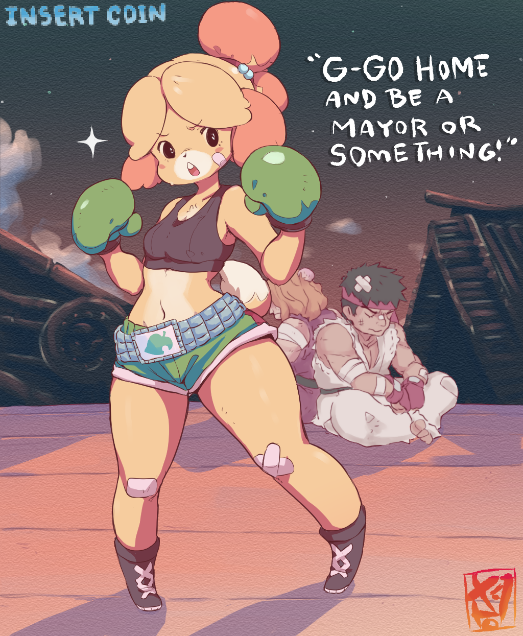 1boy 1girl bandaid bandaid_on_face bandaid_on_knee belt belt_buckle black_eyes black_footwear black_sports_bra blush_stickers boots boxing_gloves breasts buckle commentary cosplay cross-laced_footwear crossover defeat dog_girl doubutsu_no_mori english_commentary english_text furry gloves green_gloves green_shorts highres lace-up_boots little_mac little_mac_(cosplay) midriff navel punch-out!! ryuu_(street_fighter) shizue_(doubutsu_no_mori) short_shorts shorts small_breasts solo_focus sports_bra starmilkplus street_fighter street_fighter_ii_(series) studded_belt super_smash_bros. topknot wide_hips