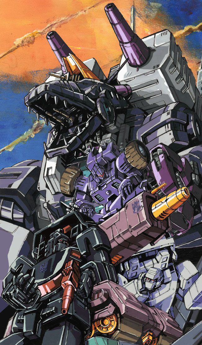 1980s_(style) brunt cannon crossed_legs decepticon dinosaur full-tilt gun hand_on_own_face holding holding_weapon marble-v mecha monster oldschool red_eyes robot_animal runabout runamuck sharp_teeth teeth tire transformers trypticon weapon wheel