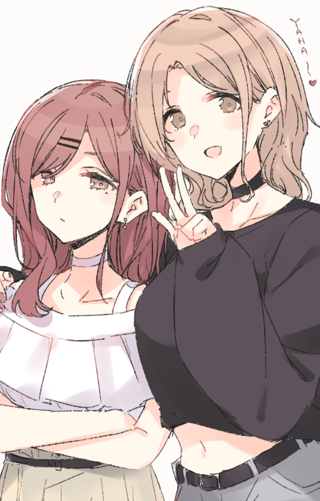 2girls :d arm_around_shoulder belt black_choker black_shirt blouse brown_eyes brown_hair choker closed_mouth crossed_arms earrings grey_pants grey_skirt hair_ornament hairclip hand_up heart jewelry long_hair looking_at_viewer midriff mole mole_under_eye multiple_girls navel nekoume open_mouth original pants shirt simple_background skirt smile w white_background white_choker