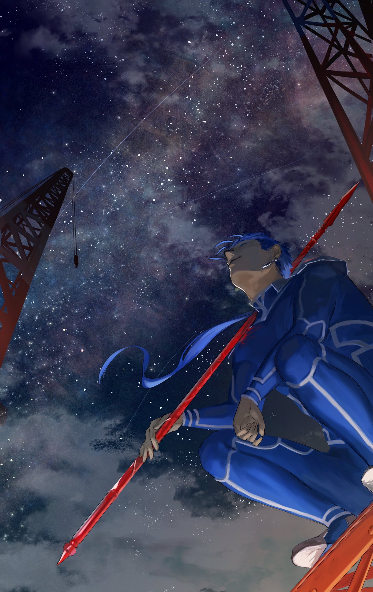 1boy armor blue_hair bodysuit coat cu_chulainn_(fate)_(all) earrings fate/grand_order fate/stay_night fate_(series) from_below full_body gae_bolg genkiniikitaisu highres jewelry lancer long_sleeves looking_up male_focus polearm ponytail red_coat scenery sky solo spear star_(sky) starry_sky weapon wind wind_lift