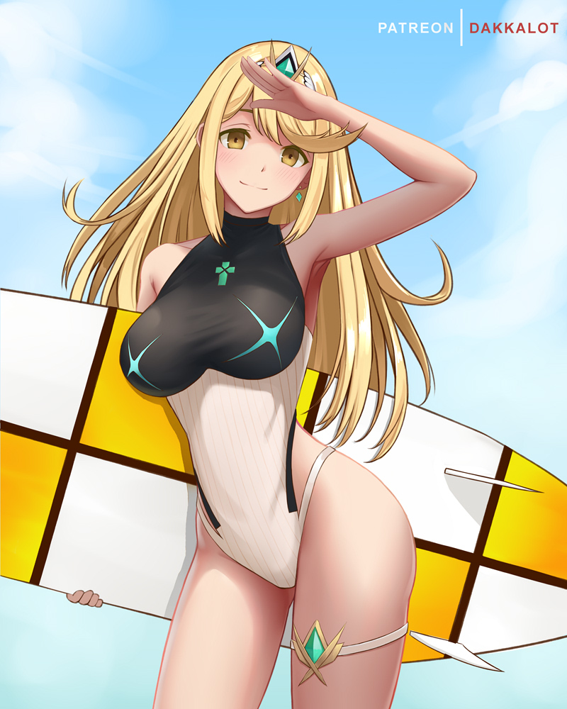 1girl armpits arms_up artist_name bare_arms bare_shoulders blonde_hair blue_sky blush breasts brown_eyes closed_mouth collarbone competition_swimsuit contrapposto cowboy_shot dakkalot day earrings gem mythra_(xenoblade) holding jewelry large_breasts long_hair looking_at_viewer neon_trim one-piece_swimsuit outdoors salute sky smile solo surfboard swimsuit tiara two-tone_swimsuit very_long_hair xenoblade_(series) xenoblade_2