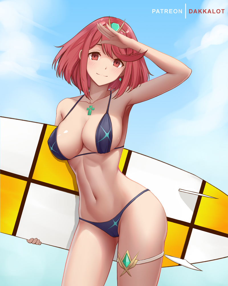 1girl armpits arms_up artist_name bangs bare_arms bare_shoulders bikini black_bikini blue_sky blush breasts closed_mouth collarbone contrapposto cowboy_shot dakkalot day earrings gem holding pyra_(xenoblade) jewelry large_breasts looking_at_viewer navel outdoors red_eyes redhead salute short_hair sky smile solo stomach surfboard swept_bangs swimsuit thighs tiara xenoblade_(series) xenoblade_2