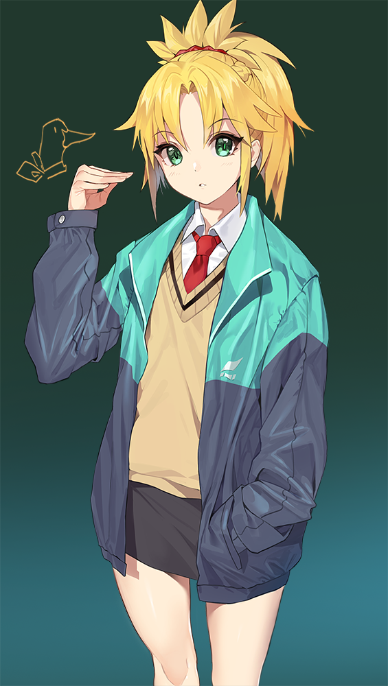 1girl bangs beige_vest black_skirt blonde_hair blue_jacket blush braid breasts collared_shirt contemporary damda dress_shirt fate/apocrypha fate_(series) french_braid green_eyes hair_ornament hair_scrunchie jacket long_hair long_sleeves looking_at_viewer mordred_(fate) mordred_(fate)_(all) necktie open_clothes open_jacket open_mouth parted_bangs ponytail red_scrunchie scrunchie shirt skirt small_breasts