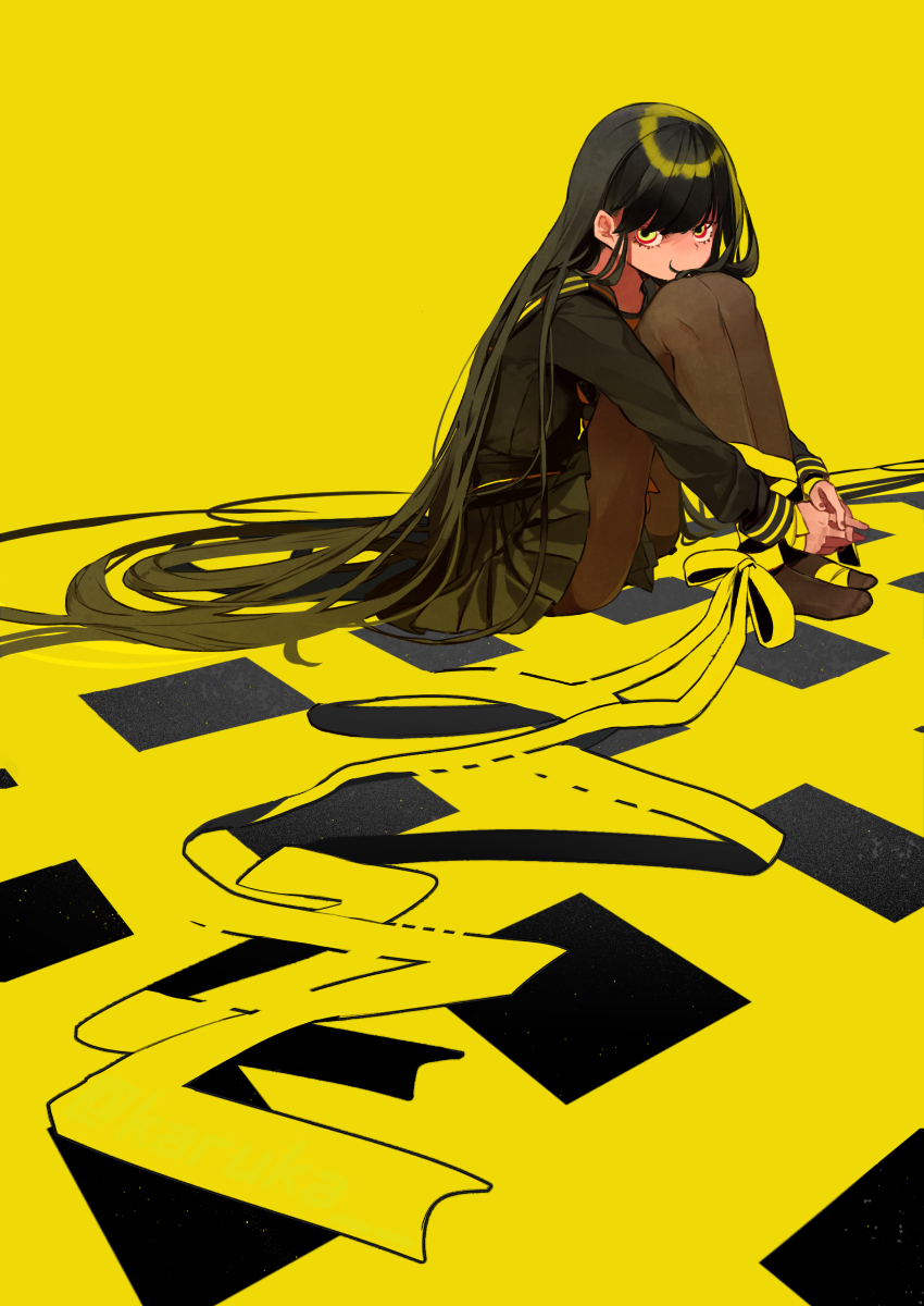 absurdly_long_hair bangs black_hair black_serafuku black_skirt blunt_bangs bow fingernails highres long_hair mik3d no_shoes original pantyhose school_uniform serafuku simple_background sitting skirt uniform very_long_hair yellow_background yellow_bow yellow_eyes yellow_theme