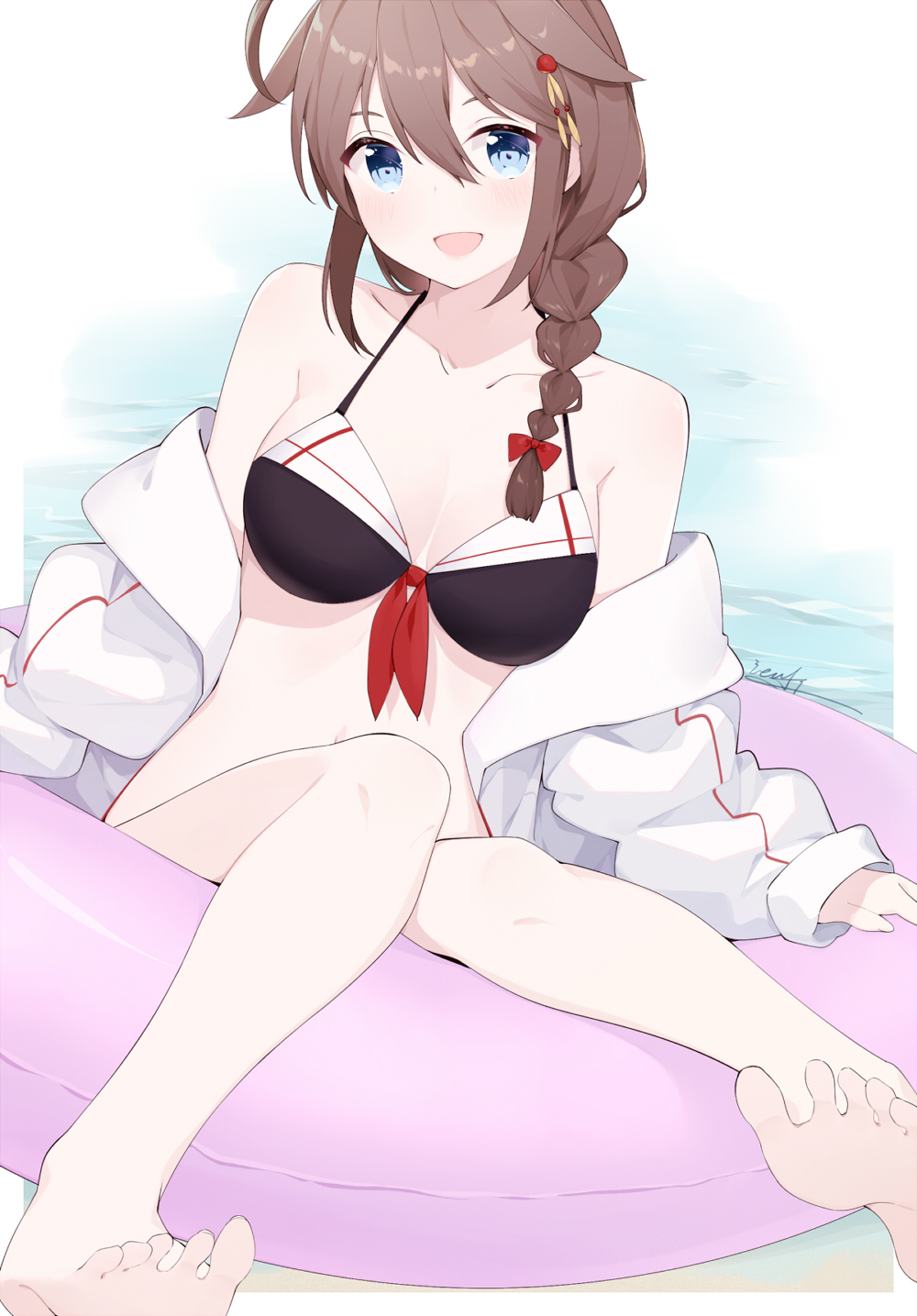 1girl ahoge bikini blue_eyes blush braid breasts brown_hair commentary_request eyebrows_visible_through_hair hair_between_eyes hair_flaps hair_ornament hair_over_shoulder highres ieufg kantai_collection long_hair looking_at_viewer medium_breasts off_shoulder open_mouth remodel_(kantai_collection) ribbon sailor_collar shigure_(kantai_collection) single_braid sitting smile solo swimsuit