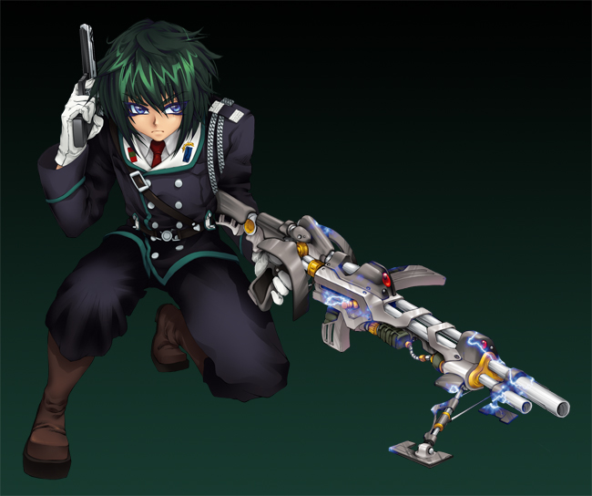 1boy blue_eyelashes blue_eyes brown_boots cowboy_shot crouching dark_green_hair fighting_stance green_background gun looking_to_the_side mini_fighter official_art pistol raizin red_tie rifle serious short_hair solo suit white_gloves