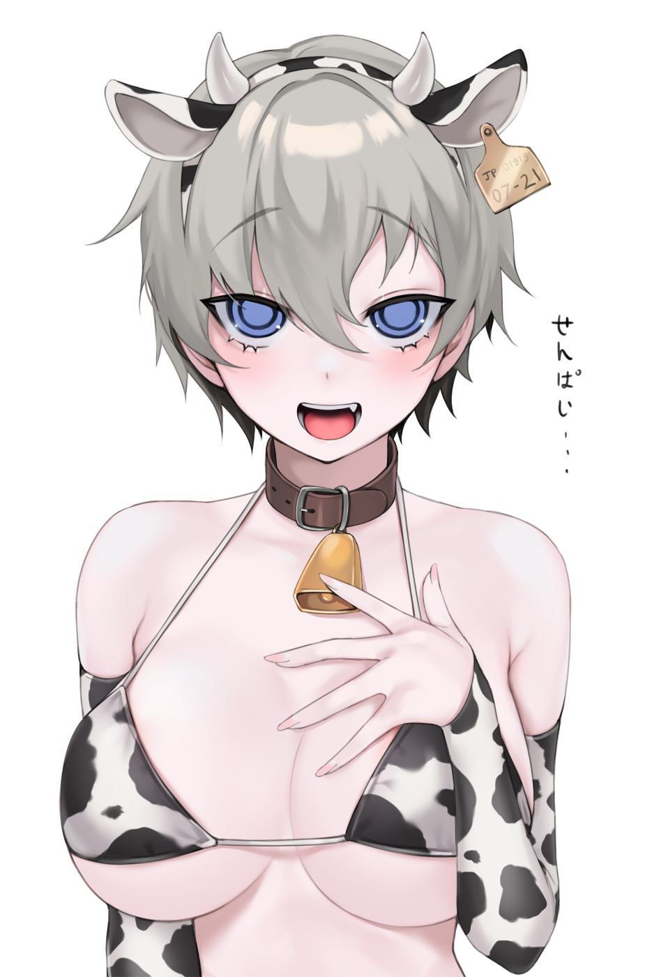 1girl :d animal_ears animal_print bare_shoulders bell bell_collar bikini black_bikini black_sleeves blue_eyes blush breasts collar commentary_request cow_bell cow_ears cow_horns cow_print detached_sleeves fake_animal_ears fake_horns fang grey_hair hair_between_eyes hand_on_own_chest highres horns large_breasts looking_at_viewer ompf open_mouth short_hair simple_background smile solo swimsuit two-tone_bikini upper_body uzaki-chan_wa_asobitai! uzaki_hana white_background white_bikini white_sleeves