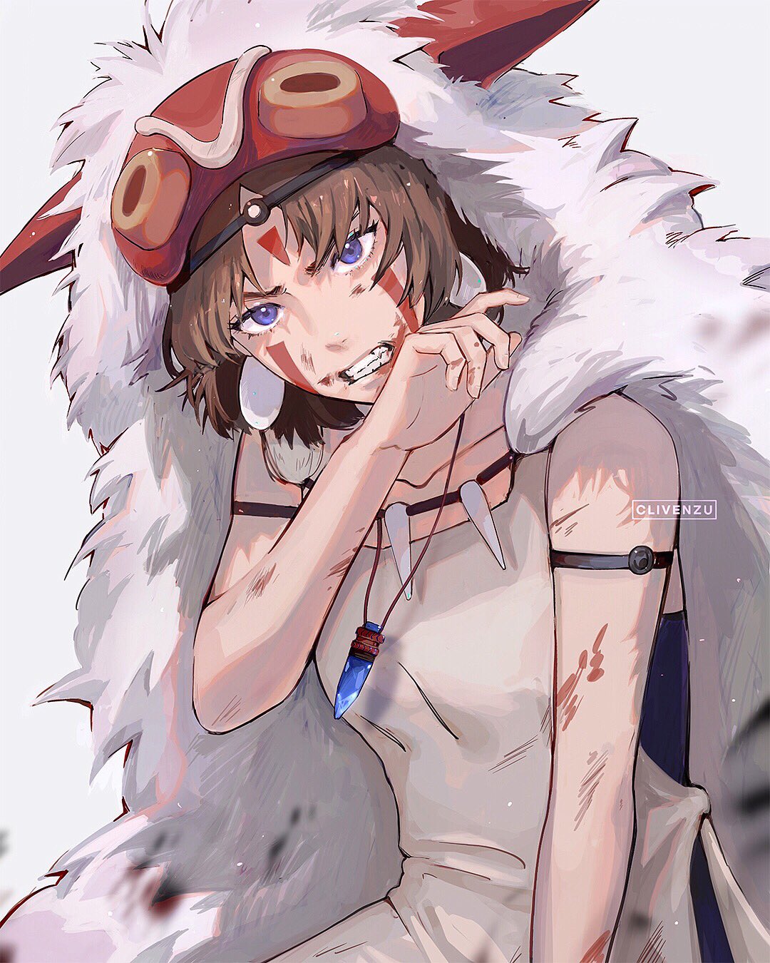 1girl arm_belt artist_name blood brown_hair clenched_teeth clivenzu commentary earrings english_commentary facial_mark forehead_mark hand_up hat head_tilt highres horned_headwear jewelry looking_at_viewer mononoke_hime pelt robe san solo teeth tooth_necklace upper_body violet_eyes wiping_face