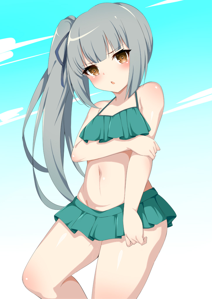 1girl bikini blue_ribbon brown_eyes cowboy_shot flat_chest frilled_bikini frills green_bikini grey_hair hair_ribbon kantai_collection kasumi_(kantai_collection) long_hair navel ribbon side_ponytail solo standing swimsuit toshishikisai