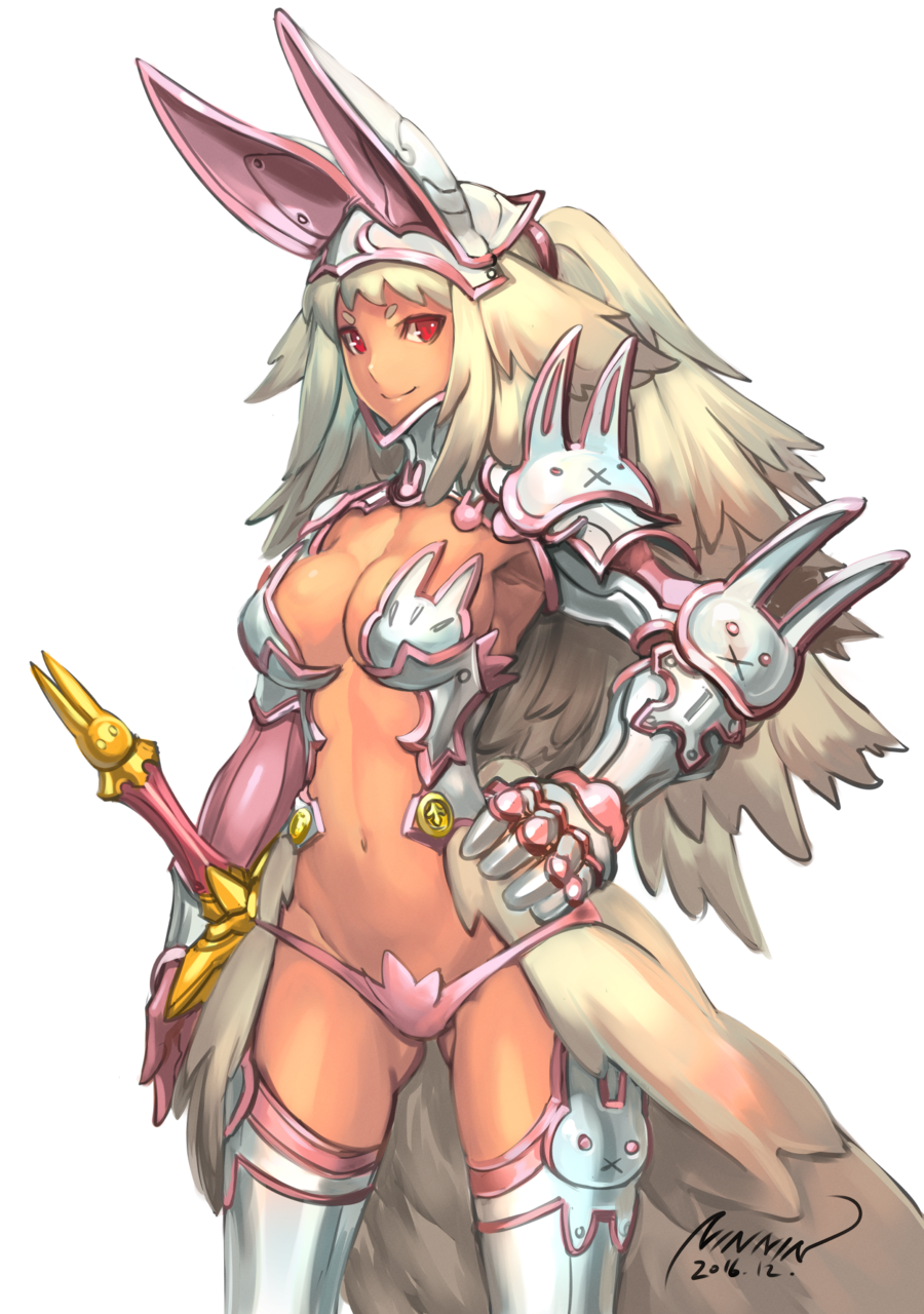 1girl 2016 animal_ears armor artist_name blonde_hair breasts highres long_hair looking_at_viewer medium_breasts midriff navel ninnin_(shishitou) original rabbit_ears red_eyes simple_background solo sword weapon white_background