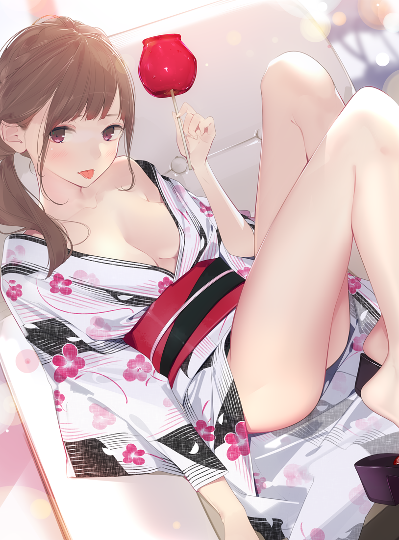 1girl :p ama_mitsuki bangs bare_shoulders blush breasts brown_hair candy_apple collarbone couch floral_print food geta holding holding_food japanese_clothes kimono medium_breasts medium_hair no_bra no_panties obi off_shoulder original sash solo thighs tongue tongue_out violet_eyes white_kimono