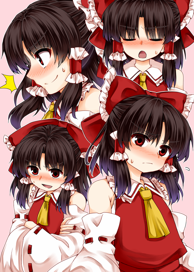 /\/\/\ 1girl ascot black_hair blush bow closed_eyes commentary_request crossed_arms detached_sleeves flying_sweatdrops hair_bow hair_tubes hakurei_reimu long_hair looking_at_viewer multiple_views nose_blush open_mouth pink_background red_bow red_eyes red_shirt shirt simple_background smile sweatdrop touhou upper_body yellow_neckwear zetsumame