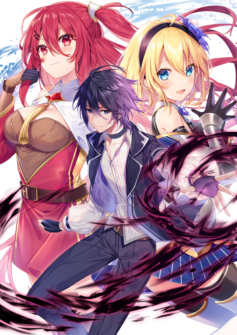 1boy 2girls :d ahoge arm_guards bangs bare_shoulders belt black_hair black_pants blonde_hair blue_eyes blush breasts capelet choker dress elbow_gloves fingerless_gloves flower gloves hair_between_eyes hair_flower hair_ornament hairband hairclip hands_together highres large_breasts long_hair long_sleeves magic medium_breasts multiple_girls official_art one_side_up open_mouth pants red_eyes redhead shirt short_hair sidelocks sleeveless smile tassel the_slave_of_the_"black_knights"_is_recruited_by_the_"white_adventure's_guild"_as_a_s_rank_adventurer yuya_(night_lily)