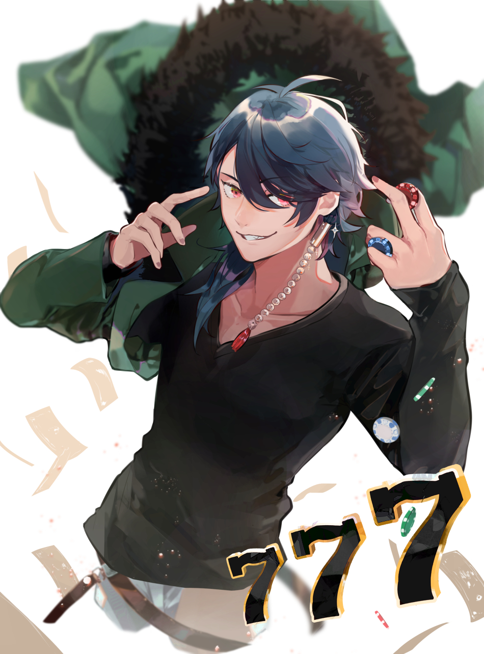 1boy ahoge arisugawa_dice arm_up beads belt blue_hair blurry coin collarbone eyebrows_visible_through_hair fingernails fur-trimmed_jacket fur_trim gambling green_jacket hair_beads hair_ornament highres holding hypnosis_mic jacket male_focus medium_hair mik3d money parted_lips poker_chip red_eyes smile solo sparkle