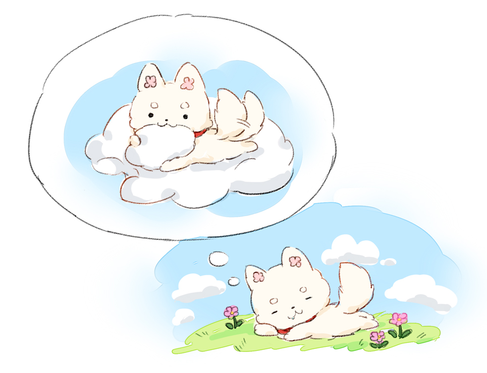 ._. :3 animal animal_focus closed_eyes closed_mouth clouds collar commentary_request day dog dreaming flower grass no_humans on_grass original pink_flower red_collar short_eyebrows sleeping thick_eyebrows wataame27