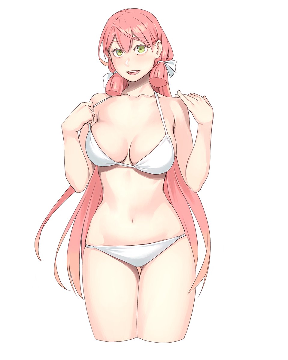 1girl akashi_(kantai_collection) alternate_costume ass_visible_through_thighs bare_arms bare_shoulders bikini bikini_pull blush breasts commentary_request cowboy_shot cropped_legs eyebrows_visible_through_hair green_eyes hair_ribbon halterneck highres kantai_collection large_breasts long_hair looking_at_viewer navel pink_hair ribbon simple_background smile solo string_bikini swimsuit tress_ribbon white_background white_bikini yuuji_(and)