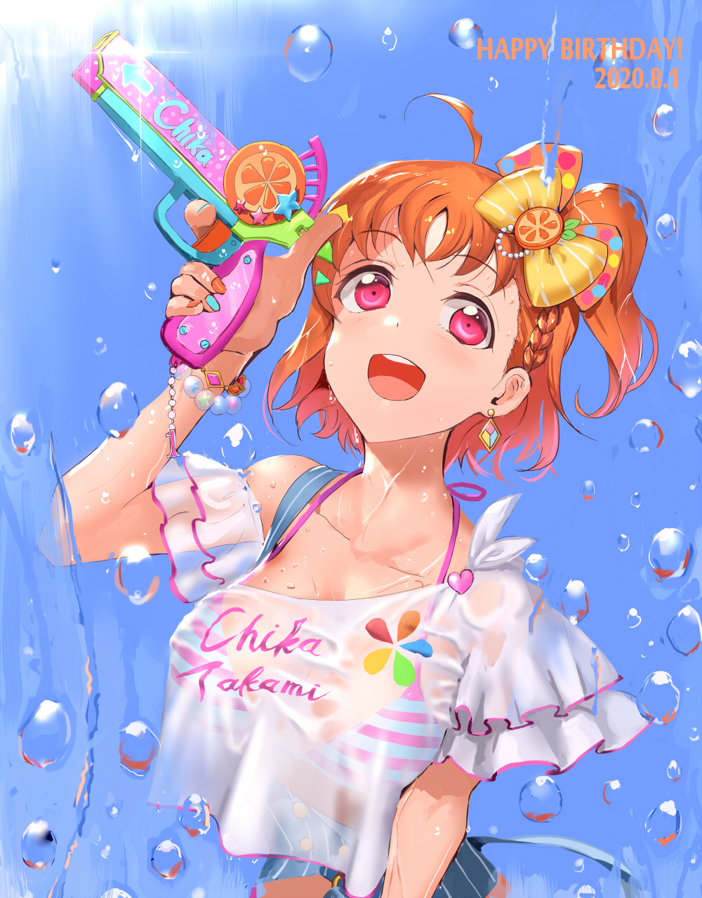 1girl ahoge arm_up bikini bikini_top highres jewelry jyon love_live! love_live!_sunshine!! open_mouth orange_hair orange_nails red_eyes short_hair single_earring smile solo striped striped_bikini swimsuit swimsuit_under_clothes takami_chika water_drop water_gun wet wet_clothes