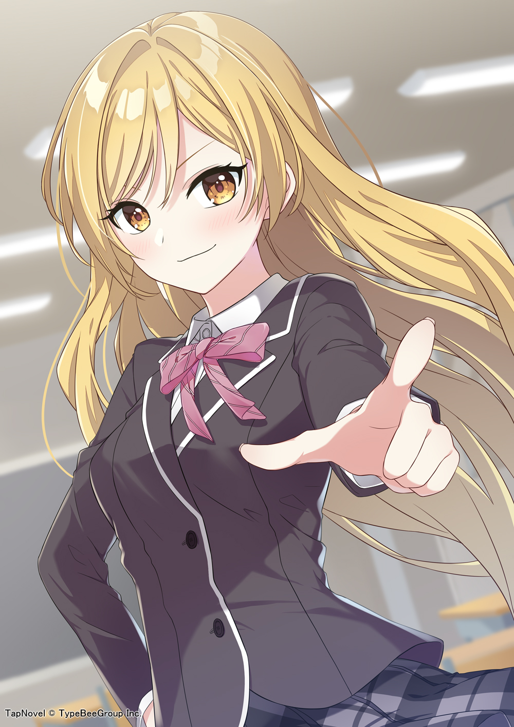 &gt;:) 1girl bangs black_jacket black_skirt blazer blonde_hair blurry blurry_background blush bow breasts brown_eyes closed_mouth collared_shirt commentary_request copyright_request depth_of_field diagonal_stripes dress_shirt eyebrows_behind_hair hair_between_eyes highres indoors jacket long_hair long_sleeves minamoto_mamechichi official_art pink_bow plaid plaid_skirt pointing pointing_at_viewer shirt skirt small_breasts smile solo striped striped_bow v-shaped_eyebrows very_long_hair watermark white_shirt