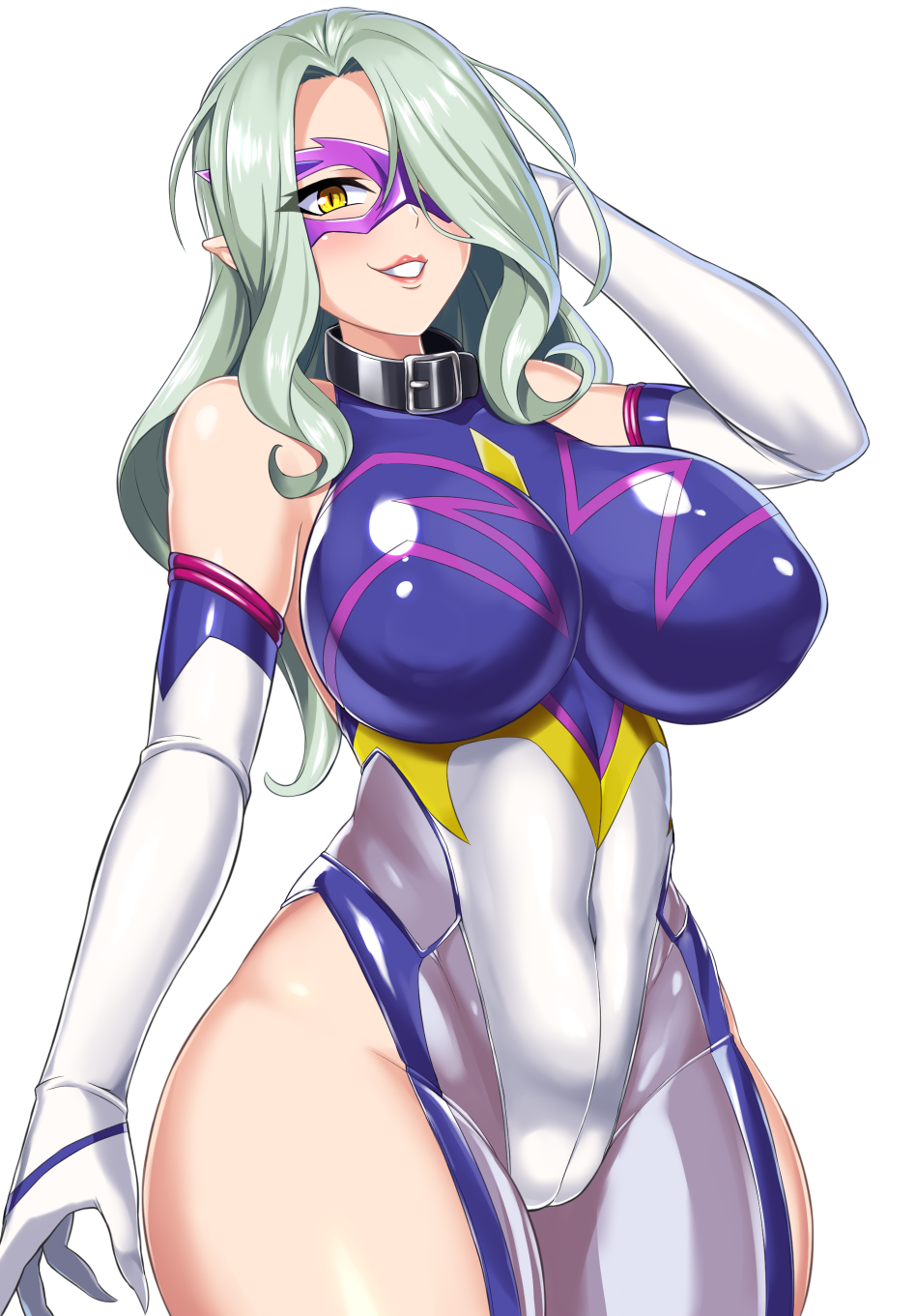 1girl breasts cowboy_shot elbow_gloves gloves green_hair hair_over_one_eye highres ikameshi_(nega96396) large_breasts leotard lilith-soft lipstick looking_at_viewer makeup mask naughty_face pointy_ears red_lipstick slit_pupils smile snake_lady solo taimanin_(series) taimanin_asagi taimanin_asagi_gaiden taimanin_rpgx thong_leotard yellow_eyes