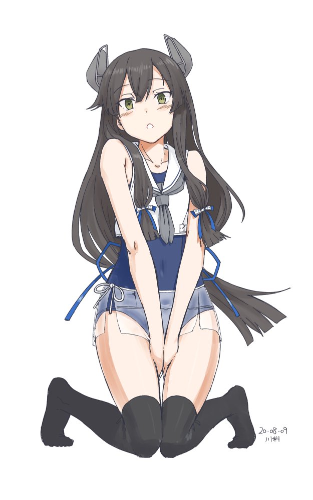 1girl artist_name black_hair black_legwear blue_swimsuit blush collarbone dated eyebrows_visible_through_hair green_eyes grey_neckwear hair_between_eyes i-47_(kantai_collection) kantai_collection kawashina_(momen_silicon) long_hair neckerchief open_mouth sailor_collar sailor_shirt shirt simple_background sleeveless sleeveless_shirt solo swimsuit swimsuit_under_clothes thigh-highs white_background white_sailor_collar white_shirt