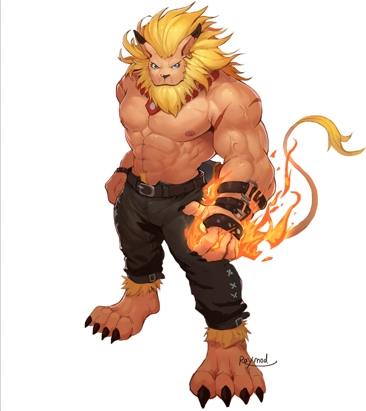1boy abs animal_ears artist_name belt black_pants blonde_hair blue_eyes chest claws commentary_request digimon earrings facial_hair fire full_body fur furry jewelry lei_mengde leomon lion_ears lion_mane lion_paw lion_tail long_hair looking_at_viewer male_focus muscle pants pectorals shirtless simple_background solo tail white_background