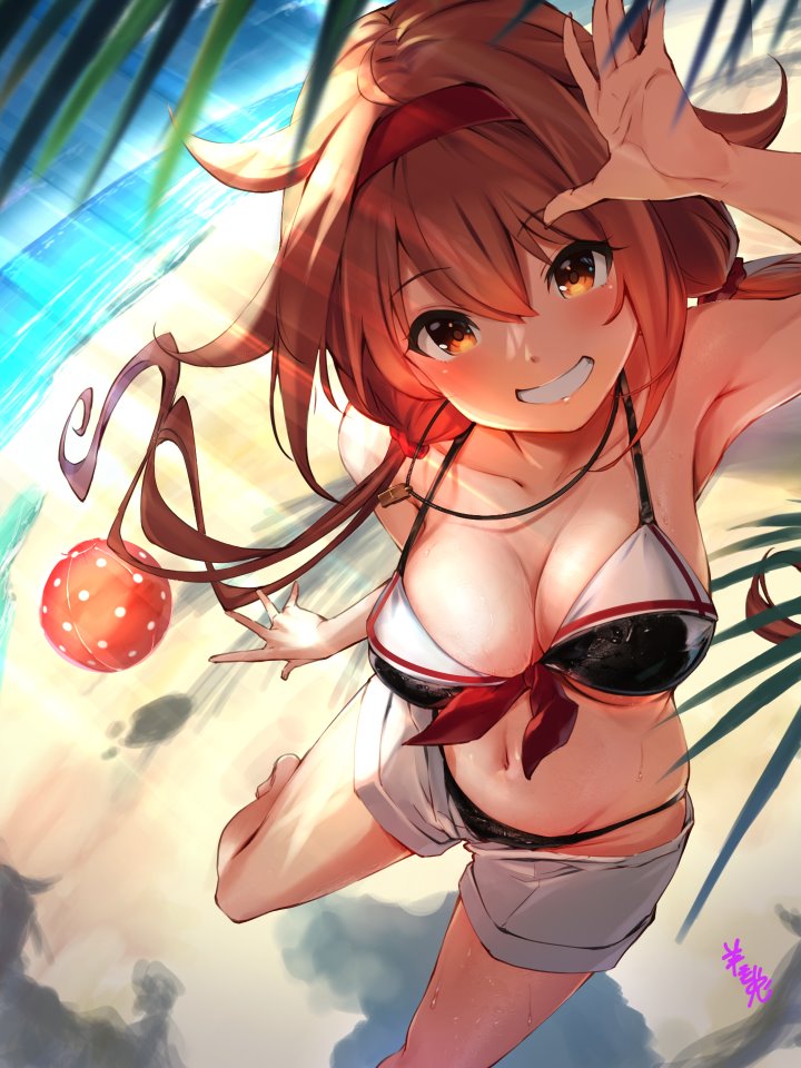 1girl adapted_costume artist_name ball barefoot beach beachball bikini black_bikini blush breasts brown_eyes brown_hair collarbone day eyebrows_visible_through_hair grin groin hair_between_eyes hair_flaps hairband kantai_collection large_breasts long_hair looking_at_viewer navel ocean red_hairband remodel_(kantai_collection) shiratsuyu_(kantai_collection) shorts signature smile solo swimsuit white_shorts youmou_usagi