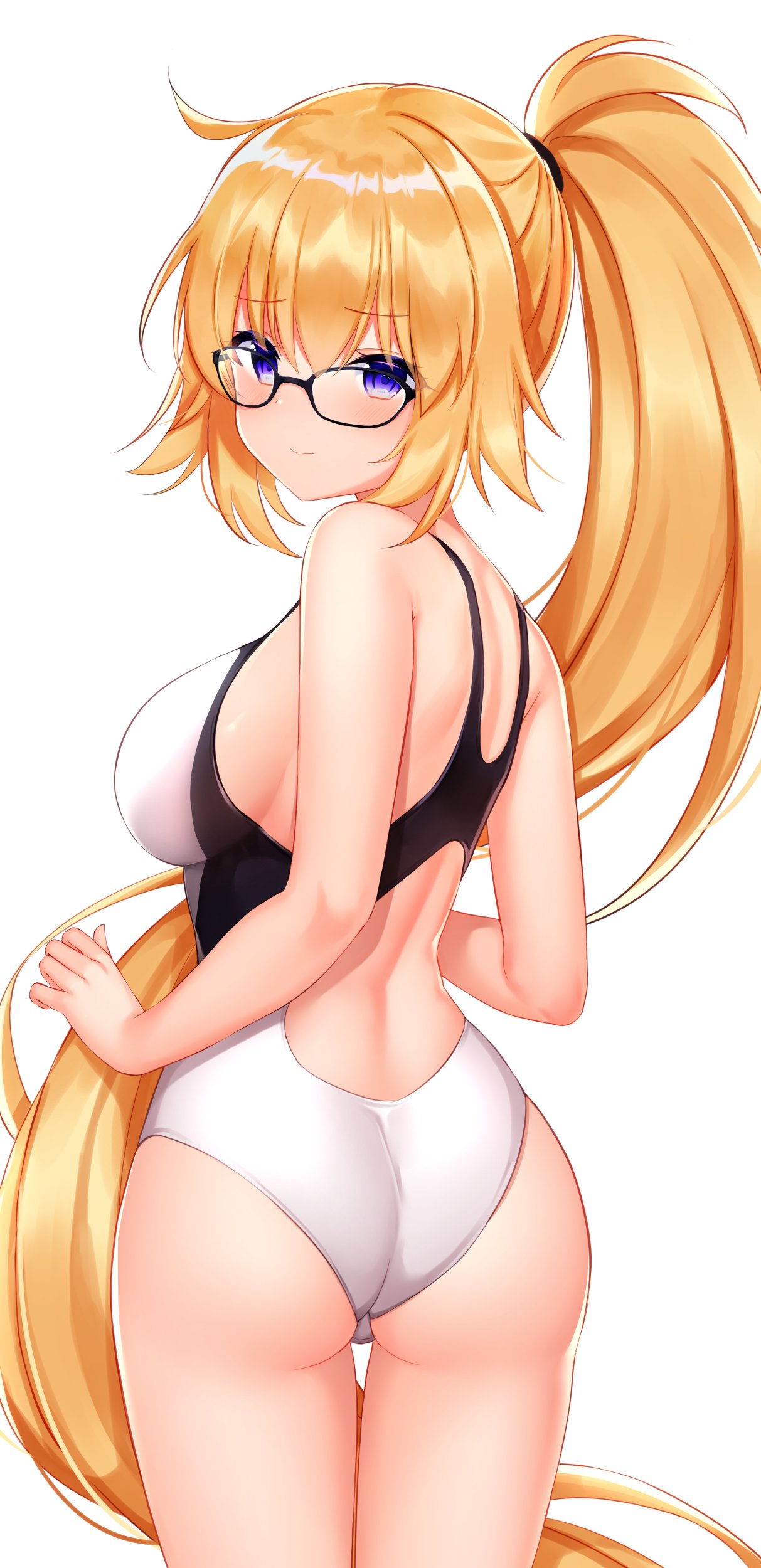 1girl absurdres ass back bangs bare_shoulders black_swimsuit blonde_hair blue_eyes blush breasts fate/grand_order fate_(series) glasses highres jeanne_d'arc_(fate)_(all) jeanne_d'arc_(swimsuit_archer) large_breasts long_hair looking_at_viewer looking_back one-piece_swimsuit ponytail shouu-kun simple_background swimsuit two-tone_swimsuit very_long_hair white_background white_swimsuit