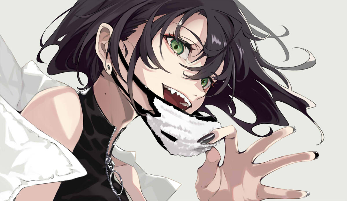 1girl :d bare_shoulders black_hair black_nails commentary earrings english_commentary fangs fingernails from_side green_eyes grey_background jewelry looking_at_viewer mask mouth_mask open_mouth original pokimari short_hair simple_background smile solo upper_body