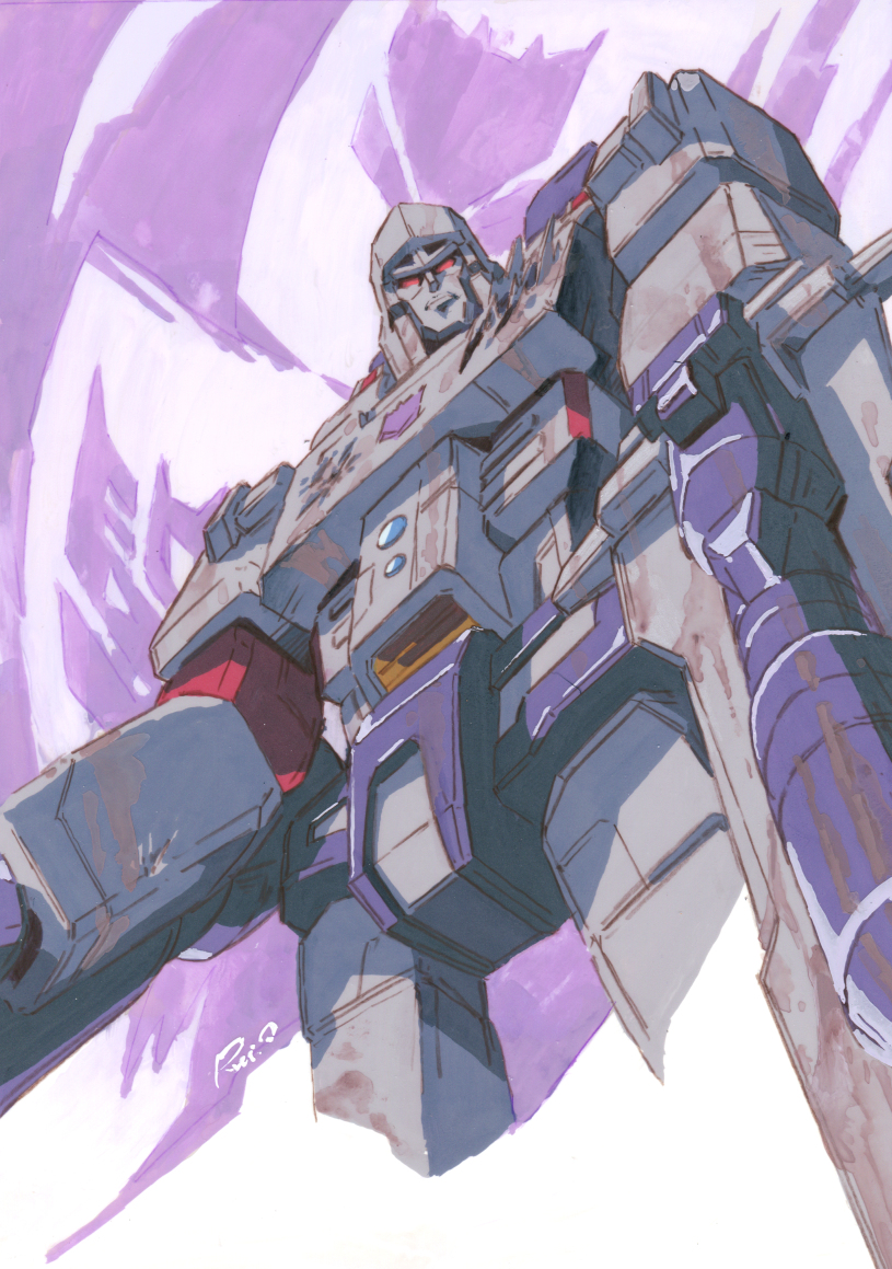 1980s_(style) decepticon eyebrows holding holding_sword holding_weapon lips looking_down marble-v mecha megatron oldschool purple_background red_eyes sword transformers weapon
