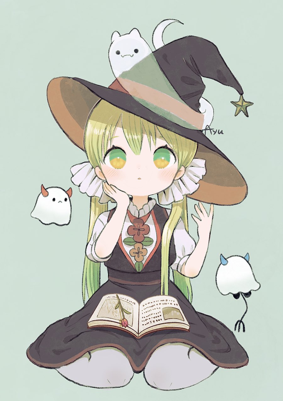 1girl :3 ayu_(mog) black_headwear blush brown_dress dress full_body ghost gradient_hair green_eyes green_hair grey_background grey_legwear hand_on_own_cheek hands_up hat highres long_hair looking_at_viewer multicolored multicolored_eyes multicolored_hair original pantyhose parted_lips puffy_short_sleeves puffy_sleeves short_sleeves signature simple_background sitting solo symbol_commentary twintails wariza witch_hat yellow_eyes